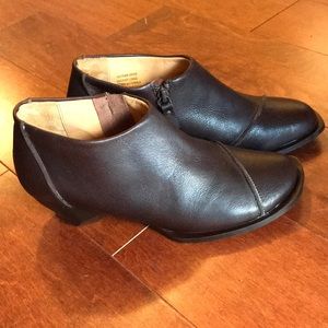 Fluevog Bohus side zip ankle bootie in dark brown